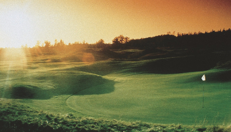 view of golf course at sunset